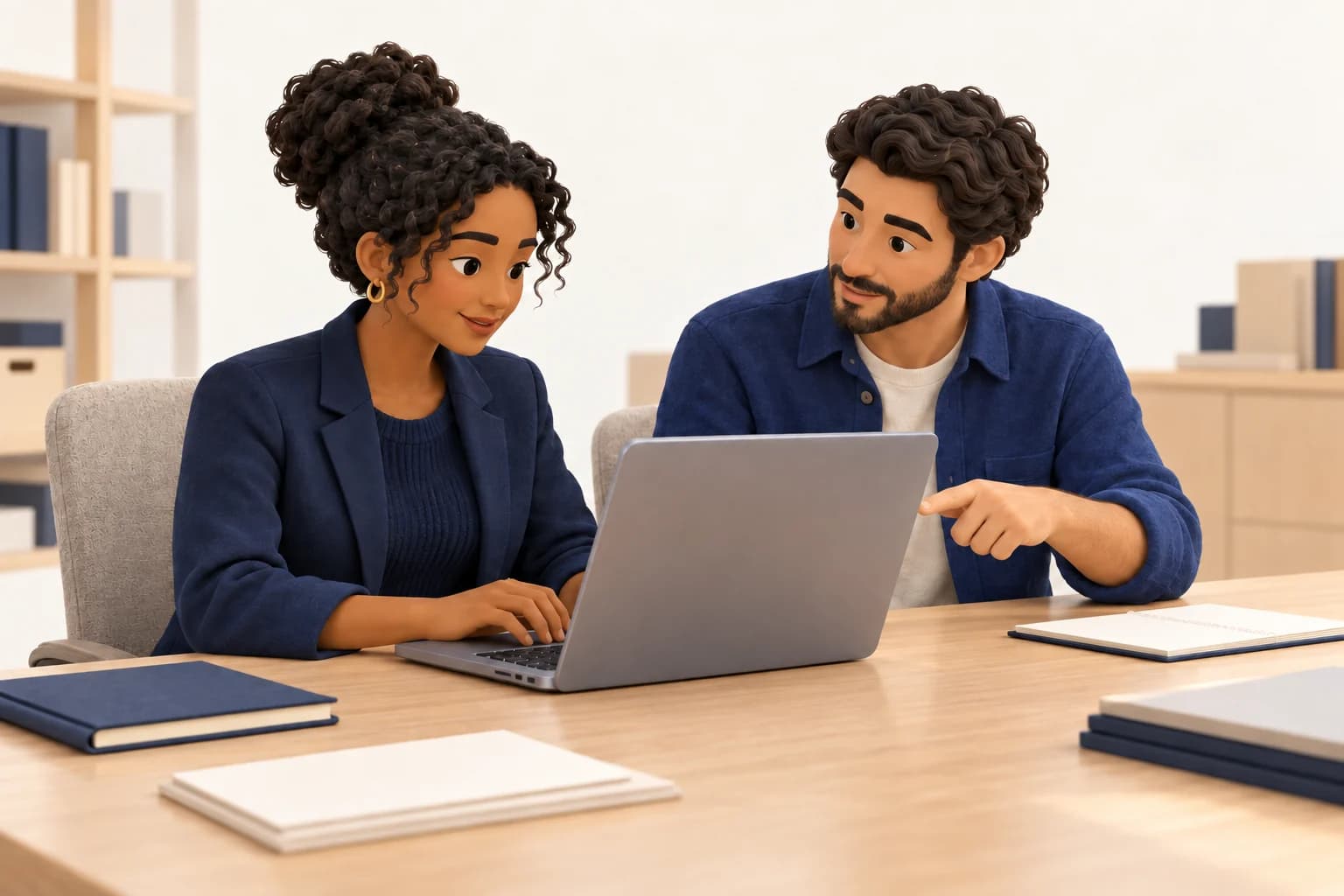 Illustration : une professionnelle pratique dans ses outils à son poste de travail, accompagnée par un collègue.
