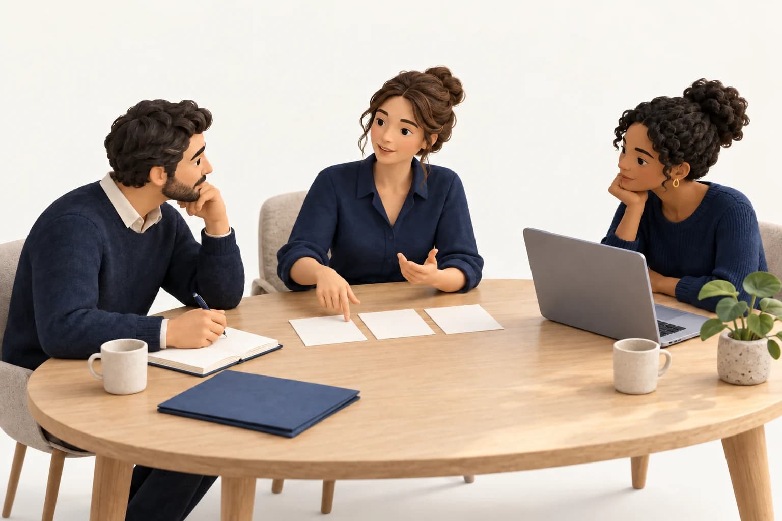 Illustration : trois professionnels examinent ensemble une tâche et ses étapes pendant un atelier.