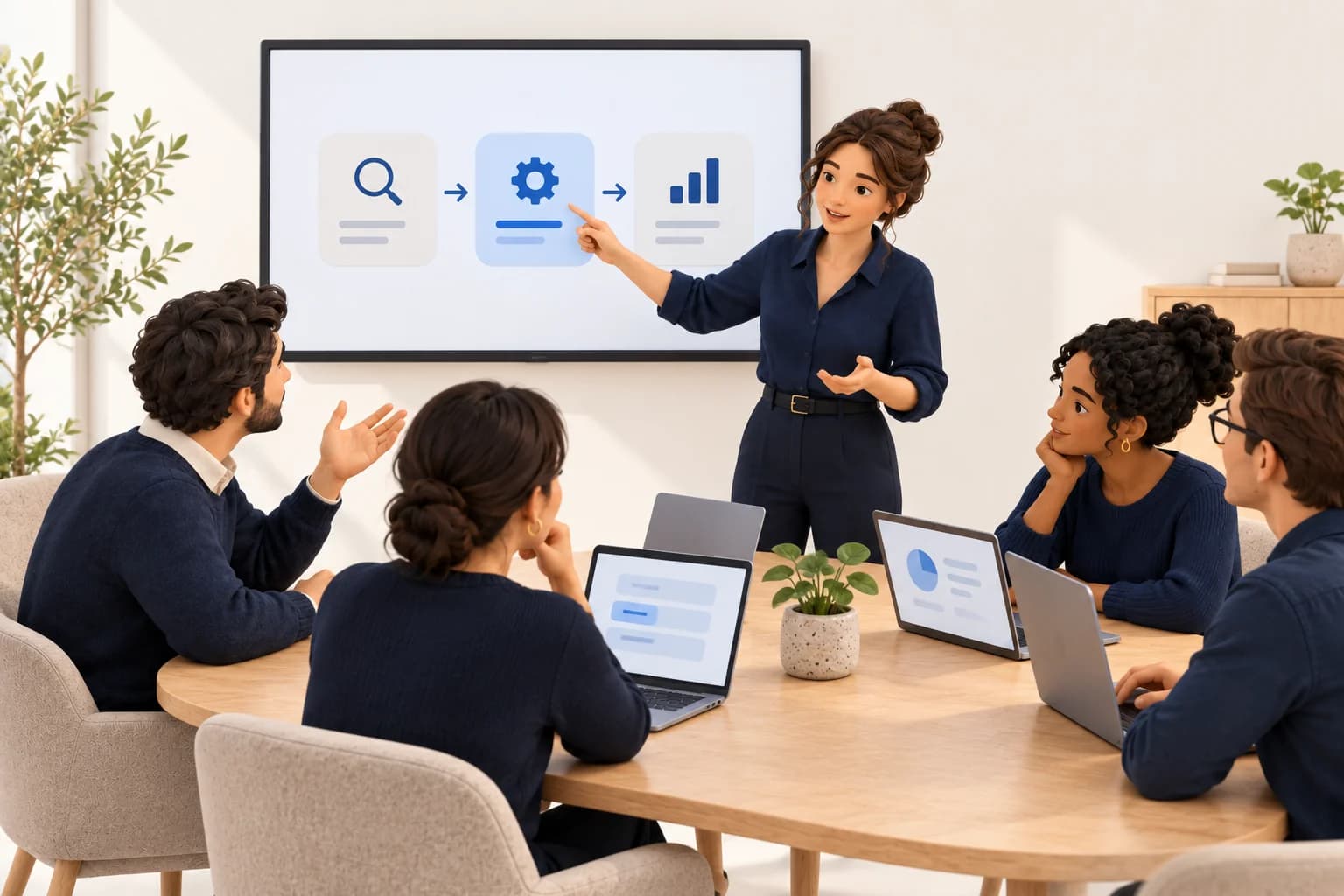 Illustration: a professional discusses a digital workflow with a team during a workshop.
