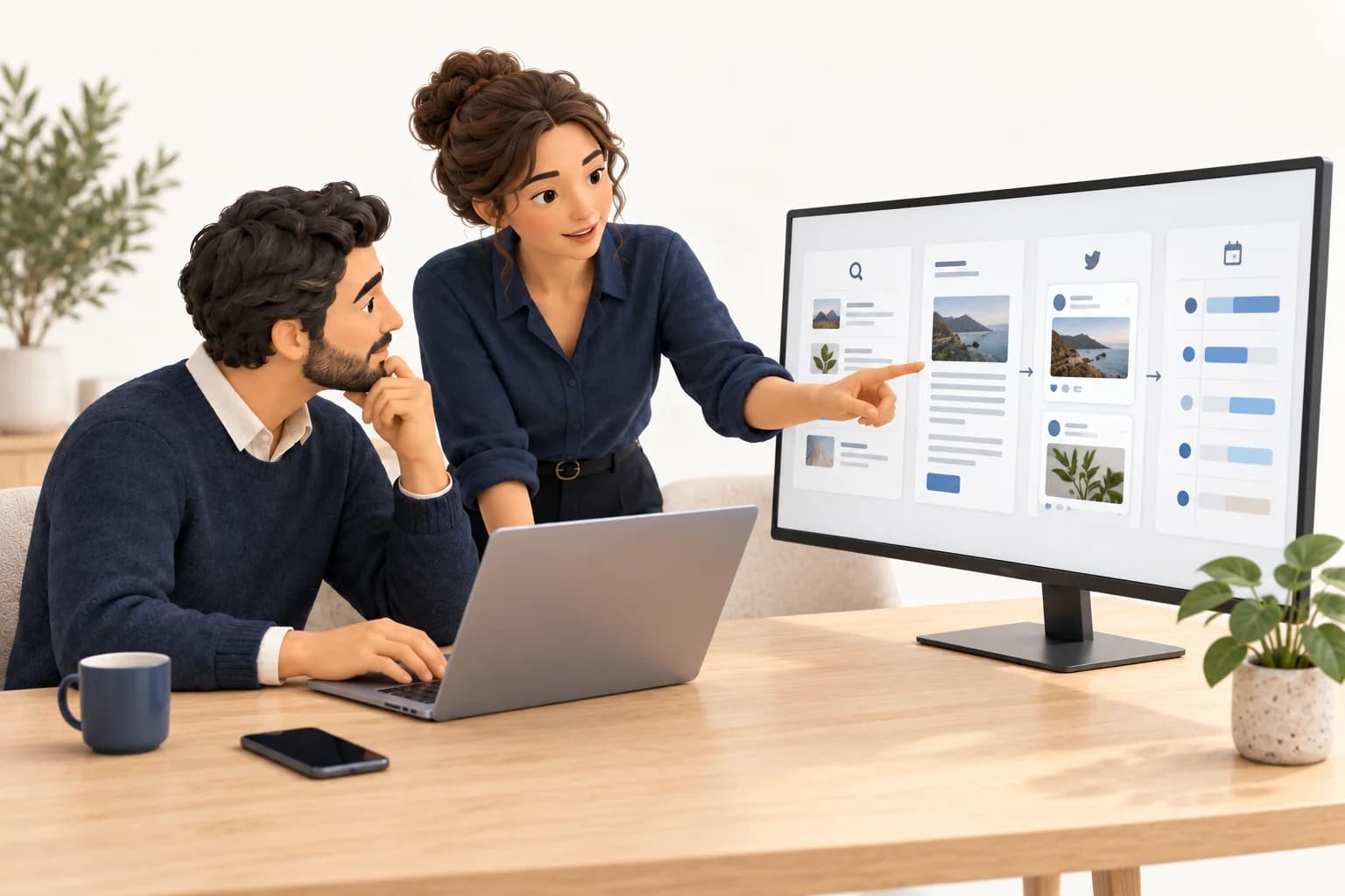 Une équipe marketing travaille sur la recherche, les contenus et leur diffusion sur des écrans numériques.